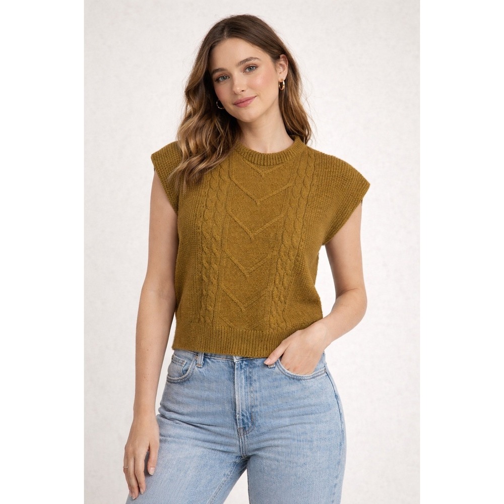 Commense Womens Olive Green Cable Knit Mock Neck Sleeveless Sweater Vest M